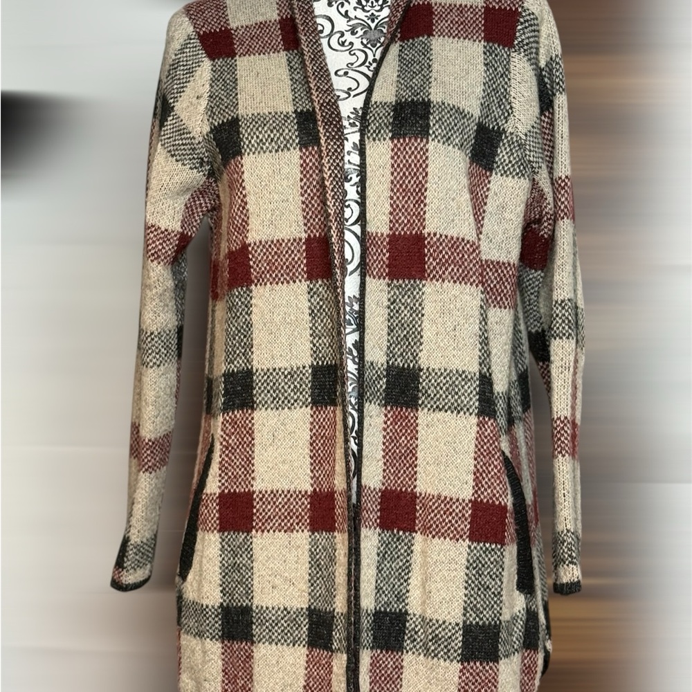Plaid Open-Front Long Cardigan Sweater - Cream & Red